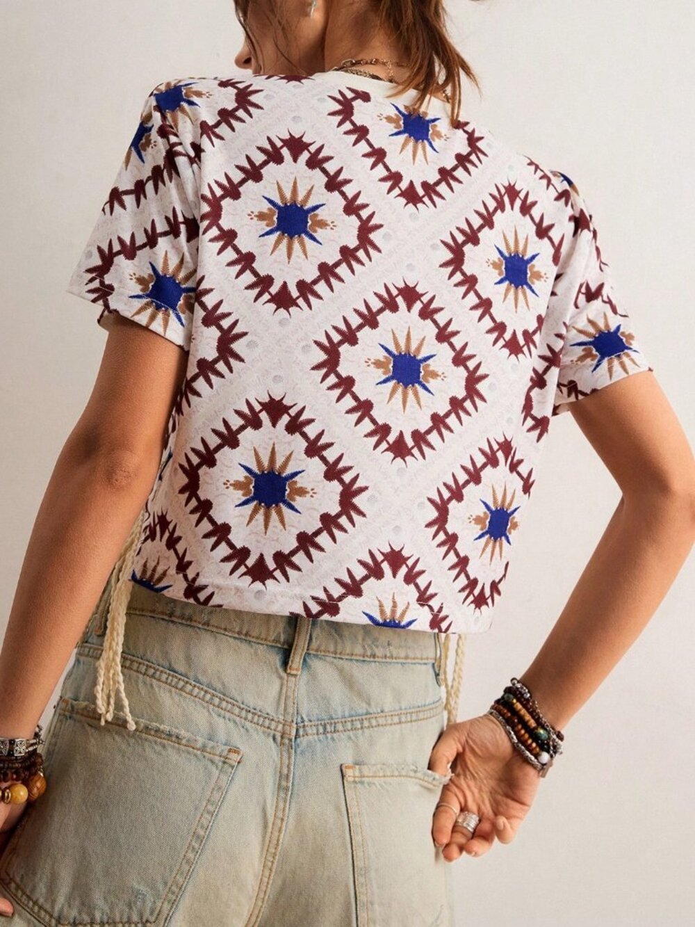 Multicolor Casual Women's Boho Geometric Print Fringe Short Sleeve Tee Top - Picture 2 of 5
